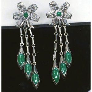 Amazing 3.5" Antique Mexican Sterling Silver Earrings With Green Stones Signed Q